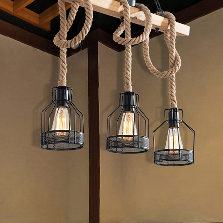 Lámpara de araña para isla de 3/5 luces estilo industrial contemporáneo con cuerda de cáñamo, bloques de madera, hierro y diseño de farol de cordel para salón 
