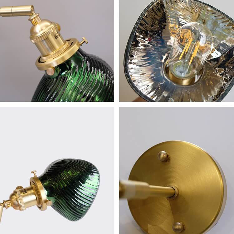 Vintage Emerald Glass Brass Straight Arm 1-Light Wall Sconce Lamp