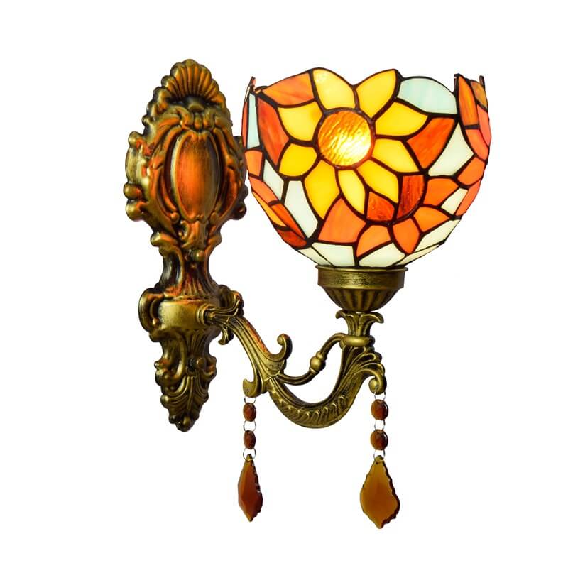 Vintage Tiffany Sunflower Stained Glass 1-Light Wall Sconce Lamp
