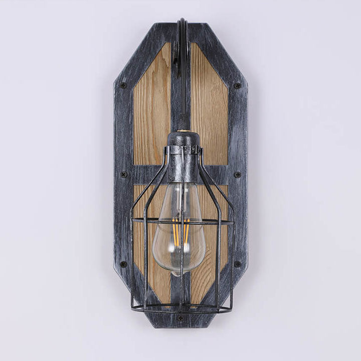 Vintage Industrial Wooden Roller Skating Iron Cone Cage 1-Light Wall Sconce Lamp