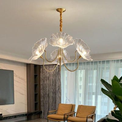 Cadre à Finition Dorée Art Déco Moderne avec Abat-jour en Verre Feuille de Lotus, Lustre 3/6 Lumières pour Salon 