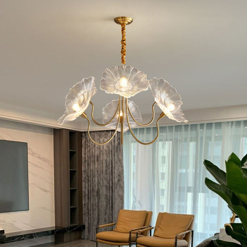 Cadre à Finition Dorée Art Déco Moderne avec Abat-jour en Verre Feuille de Lotus, Lustre 3/6 Lumières pour Salon 