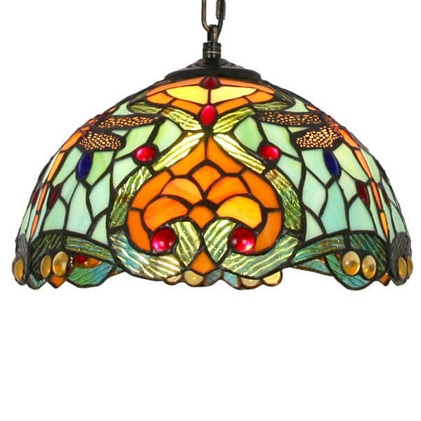European Vintage Tiffany Stained Glass Metal 1-Light Pendant Light