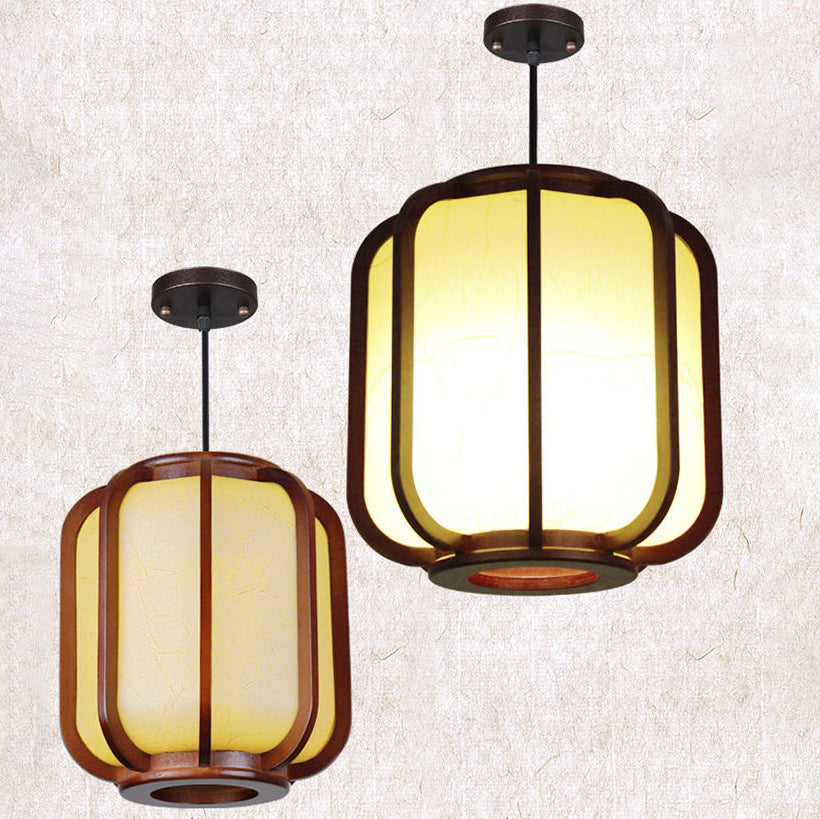 Traditional Chinese Faux Sheepskin Wooden Lantern Round 1-Light Pendant Light for Living Room