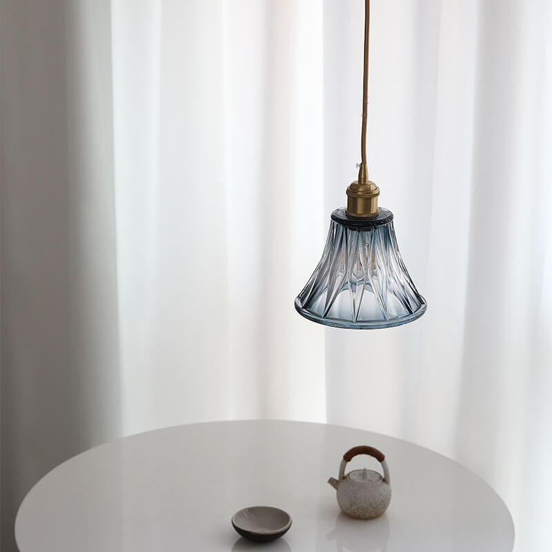 Japanese Vintage Blue Gray Glass Bell Brass 1-Light Pendant Light