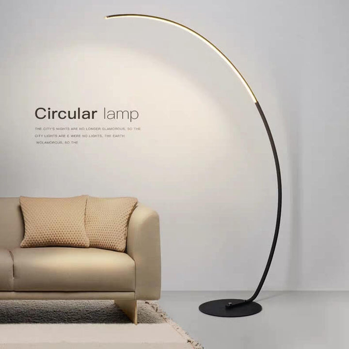 Lámpara de pie LED circular arqueada de 1 luz en PVC y aluminio con forma de caña de pescar, estilo minimalista moderno, para sala de estar 