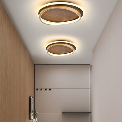 Nordic Minimalist Circular Walnut Grain LED Flush Mount Ceiling Light