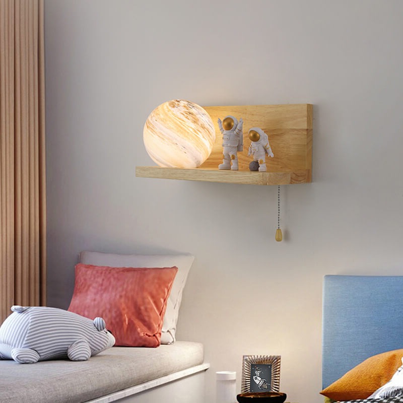Modern Creative Planet Glass Solid Wood Square Base 1-Light Wall Sconce Lamp