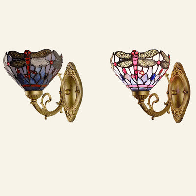 Europäische Vintage Tiffany Libelle Buntglas Eisen 1-Licht Wandleuchte Lampe 