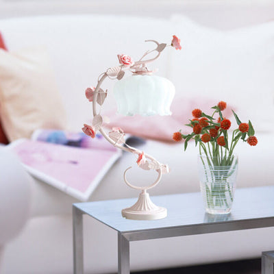 Vintage Romantic Pink Glass Ceramics Roses 1-Light Table Lamp