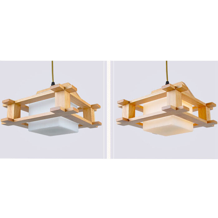 Japanese Simple Log Square Glass Wooden Frame 1/3 Light Chandelier