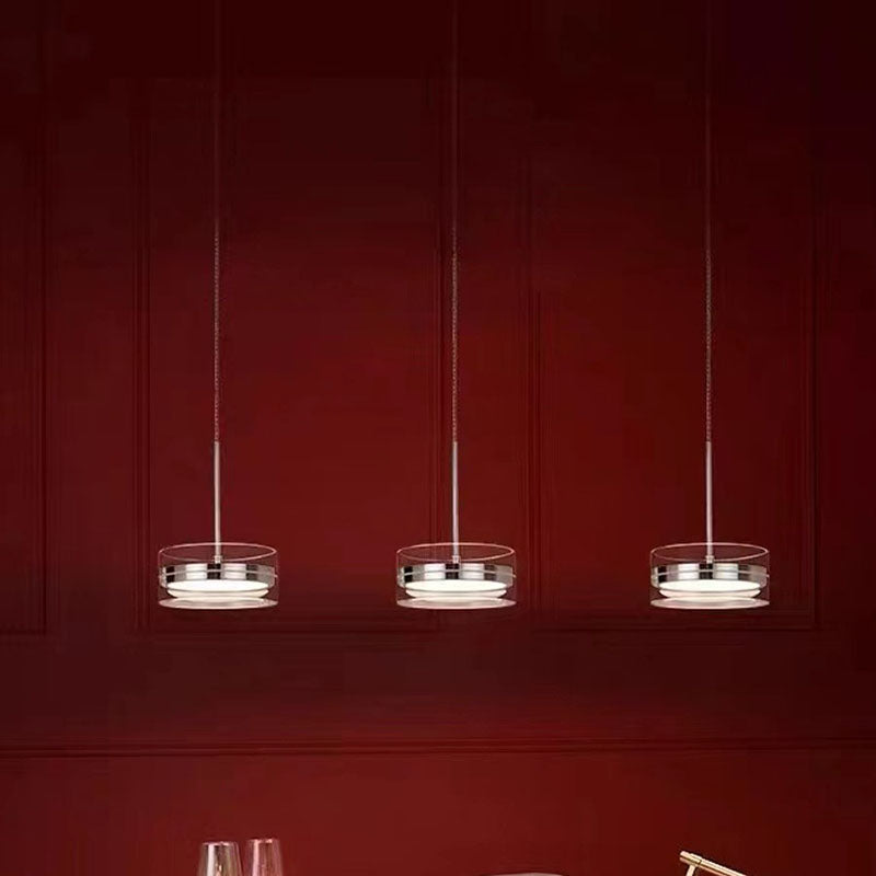 Lámpara de araña LED de isla con pantalla cilíndrica de vidrio de acero inoxidable escandinavo contemporáneo para comedor 
