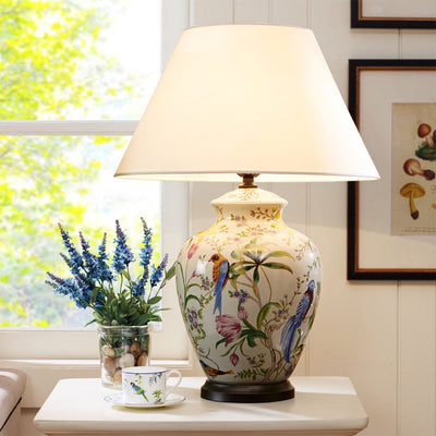 Lámpara de Mesa de 1 Luz con Diseño Retro Moderno de Cerámica Idílica de Flores y Pájaros 
