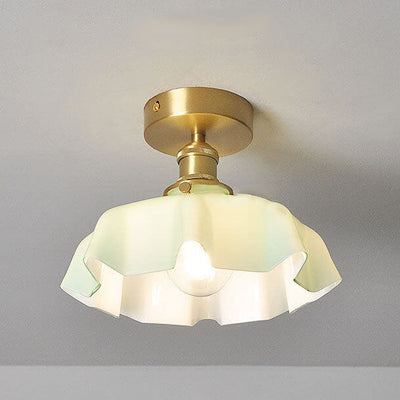 Japanese Vintage Cream Glass Floral Brass 1-Light Semi-Flush Mount Ceiling Light