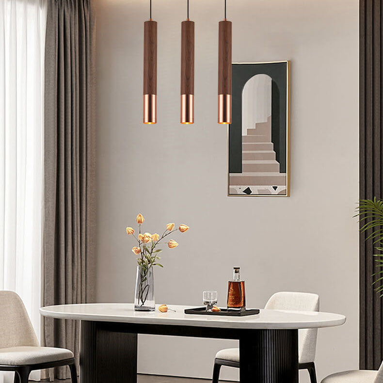 Nordic Minimalist Walnut Strip Aluminum Lampshade LED Pendant Light
