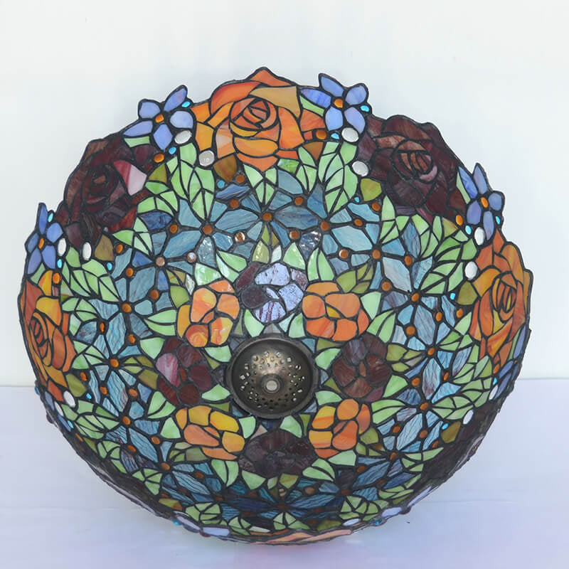 Lampe de table à 3 lumières avec base en dentelle et verre coloré Tiffany rose de style européen 