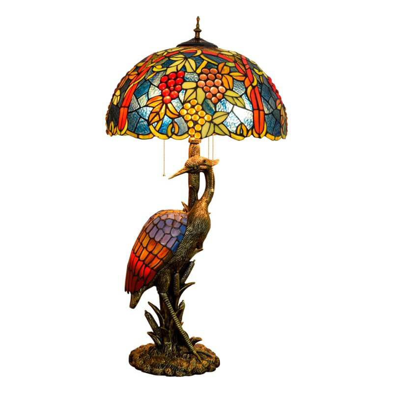 Tiffany Vintage Crane Base Colored Grape Glass Lampshade Design 3-Light Tischlampe