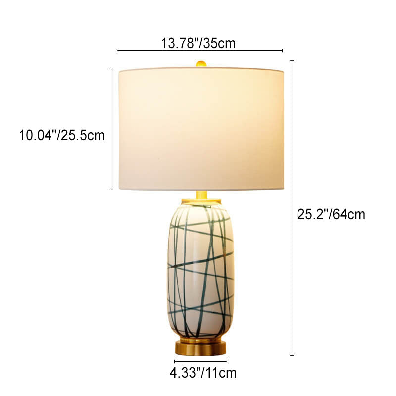 Lámpara de Mesa de 1 Luz de Tela de Tambor de Cerámica con Rayas Verdes de Lujo Nórdico 