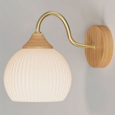 Nordic Striped Glass Round Log Wood 1-Light Wall Sconce Lamp