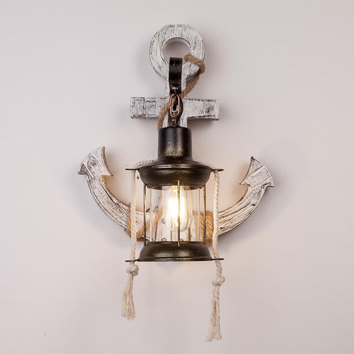 Aplique de pared de 1 luz con ancla de barco vintage industrial de madera maciza 