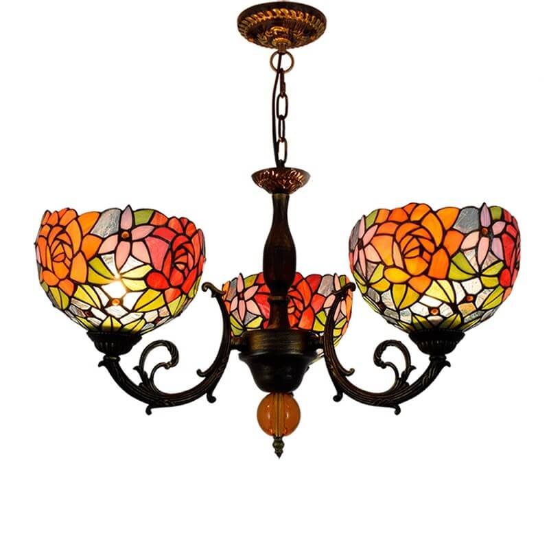European Tiffany Showy Rose Stained Glass 3-Light Chandelier