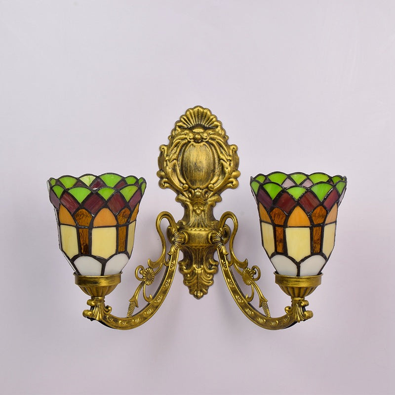 European Tiffany Stained Lattice Glass Bell Shade 2-Light Wall Sconce Lamp