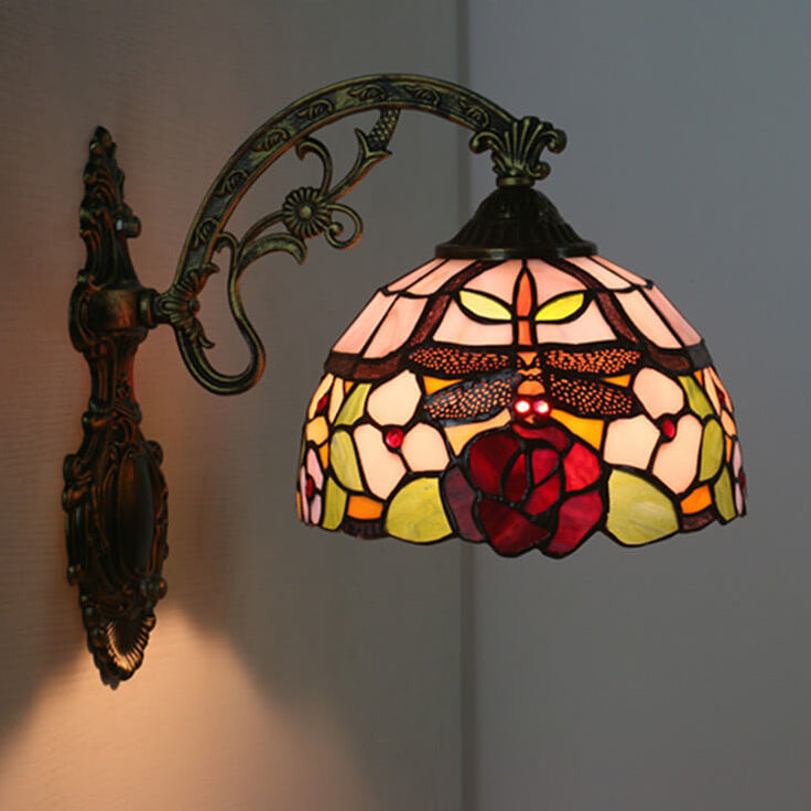 European Tiffany Dragonfly Flower Stained Glass 1-Light Wall Sconce Lamp