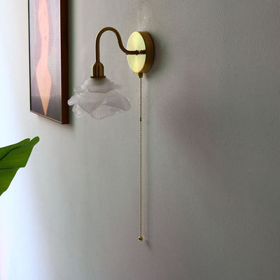 Japanese Minimalist Floral Frosted Glass 1-Light Pull Cord Wall Sconce Lamp