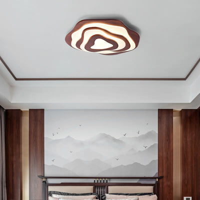 Modern Chinese Solid Wood Textured Round Geometric LED Flush Mount Ceiling Light