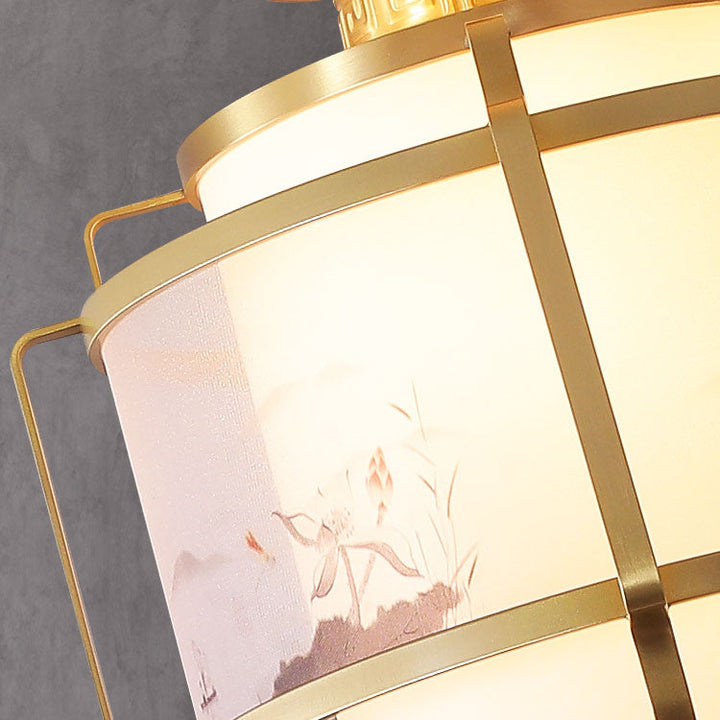 Modern Chinese Copper Fabric Round Tassel 1-Light Semi-Flush Mount Ceiling Light For Living Room
