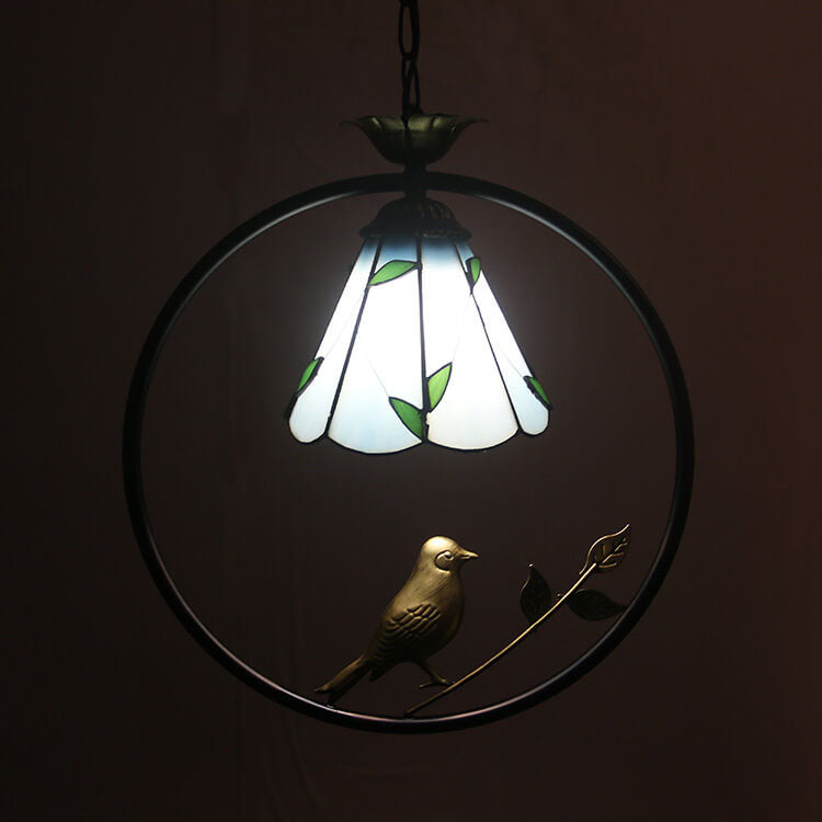 Vintage Tiffany Runde Eisen Buntglas Vogel 1-Licht Pendelleuchte 