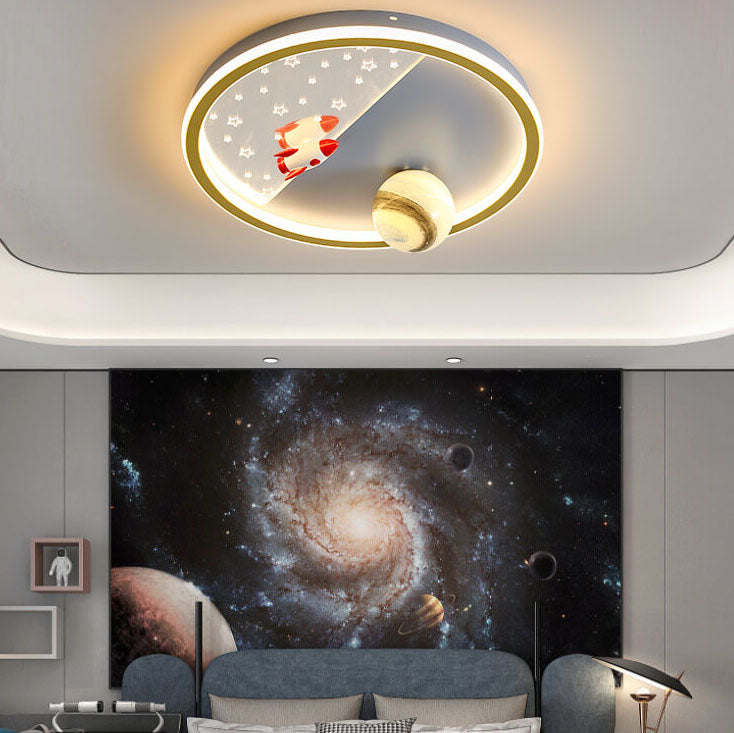 Creative Cartoon Rocket Planet Round Iron LED Kids Flush Mount Ceiling Light