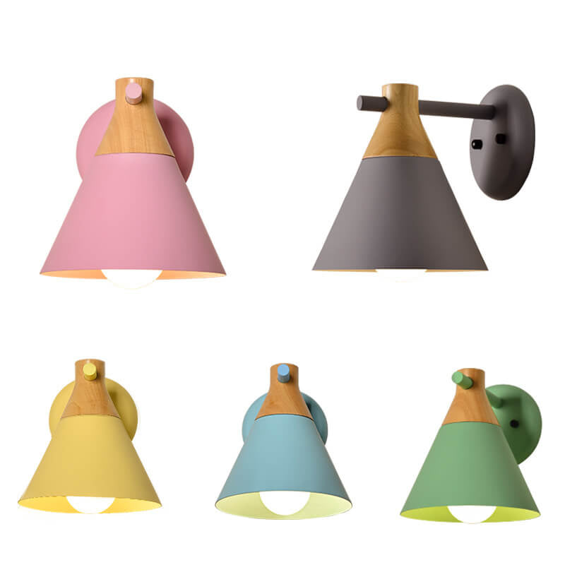 Nordic Solid Wood Macaron Cone Shade 1-Light  Wall Sconce Lamp