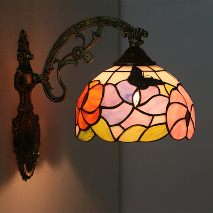 European Tiffany Butterfly Flower Stained Glass Dome 1-Light Wall Sconce Lamp