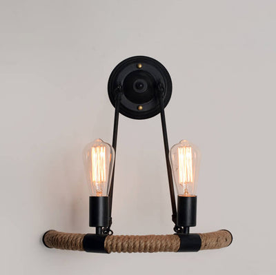 Vintage Industrial Hemp Rope Iron 2-Light Wall Sconce Lamp