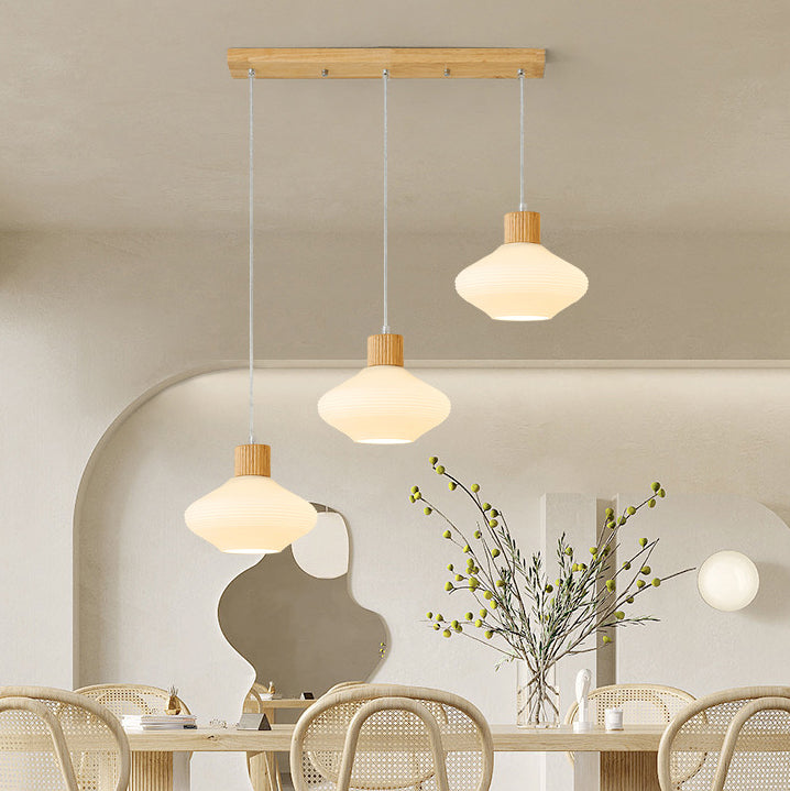 Moderne minimalistische ovale Inselleuchte aus Glas, Gummibaumholz und Metall, 1/3-flammiger Kronleuchter für das Esszimmer 