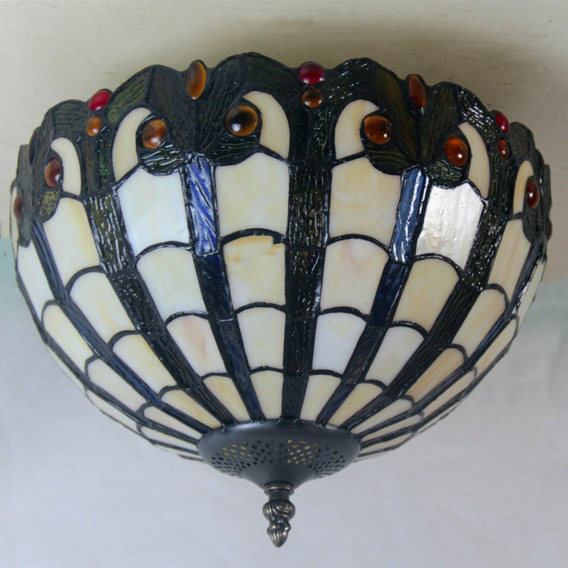 European Vintage Tiffany Iron Glass 2-Light Flush Mount Light