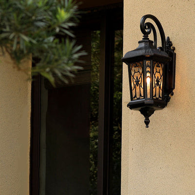 European Outdoor Carved Cage Aluminum Glass 1-Light Wall Sconce Lamp