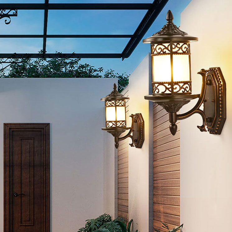 European Vintage Cylindrical Carved Outdoor Waterproof 1-Light Wall Sconce Lamp