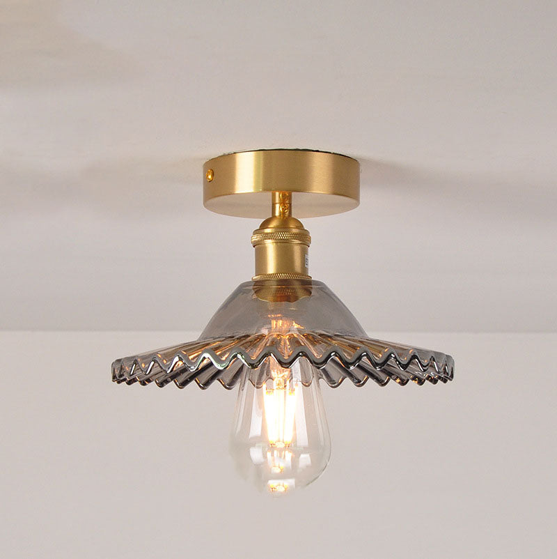 Japanese Vintage Glass Brass Lotus 1-Light Semi-Flush Mount Ceiling Light