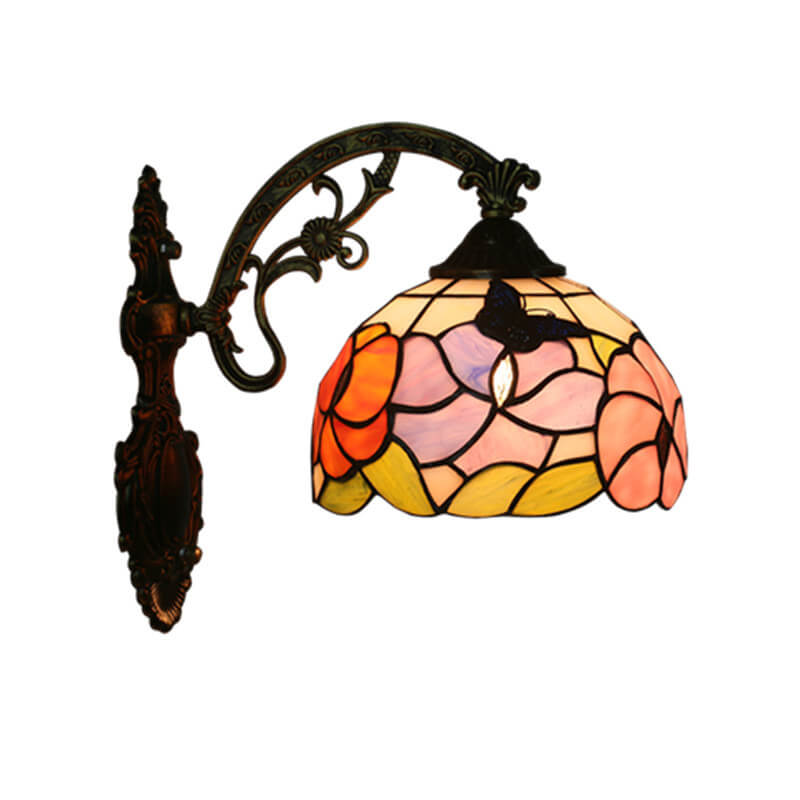 European Tiffany Butterfly Flower Stained Glass Dome 1-Light Wall Sconce Lamp