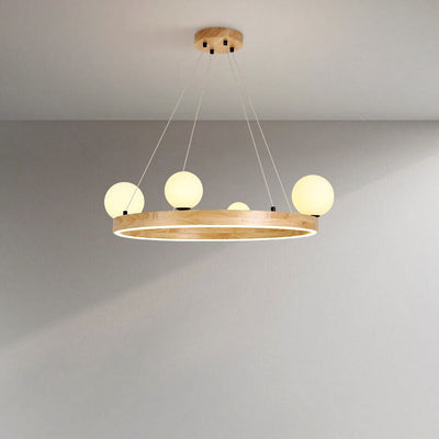 Nordic Minimalist Wood Circle Glass Ball 3/4 Light Chandelier