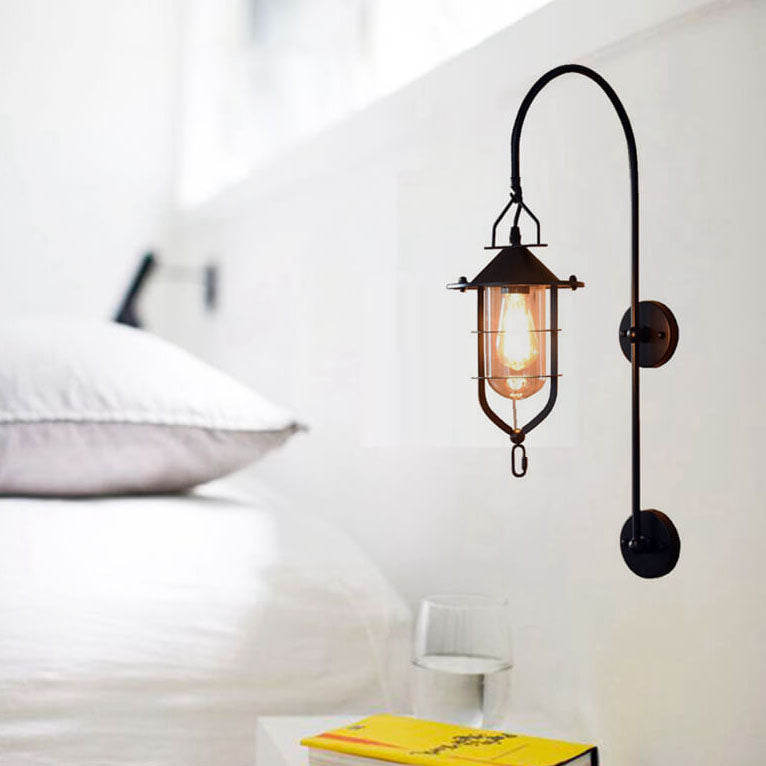 Contemporary Industrial Iron Glass Cage Curved Arm 1-Light Wall Sconce Lamp For Living Room &amp; Bedroom