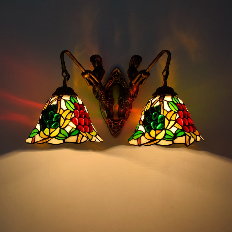 Tiffany Grape Stained Glass Bell Mermaid 2-Light Wall Sconce Lamp