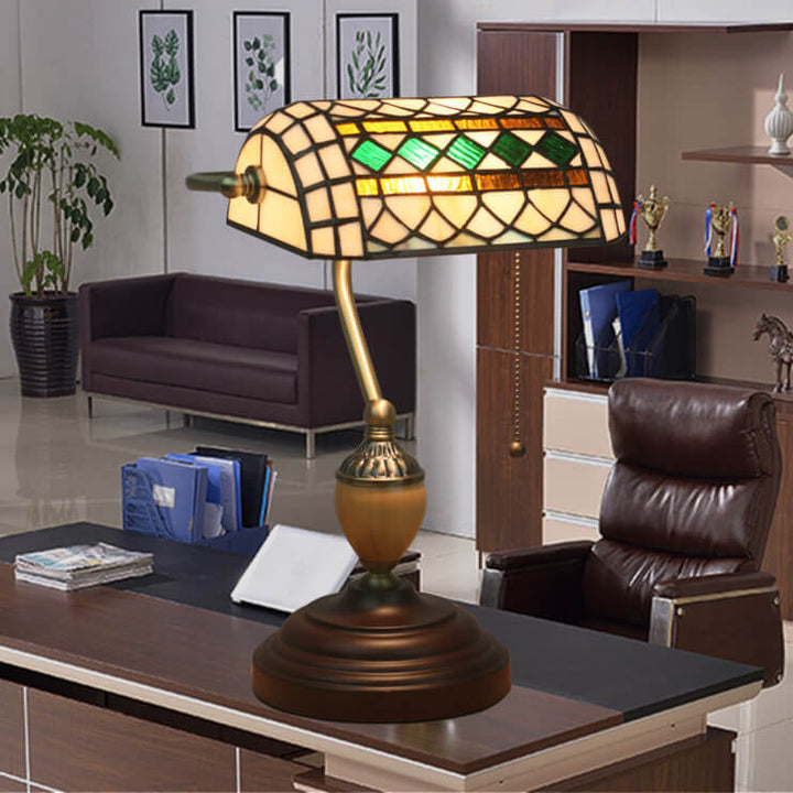 Lampe de table de banque vintage Tiffany Diamond Line en verre teinté à 1 lumière 