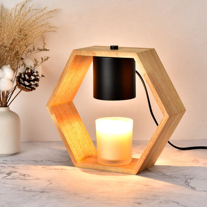 Zeitgenössische nordische sechseckige Tischlampe aus Holz und Metall mit 1 Flamme und schmelzendem Wachs für das Schlafzimmer 