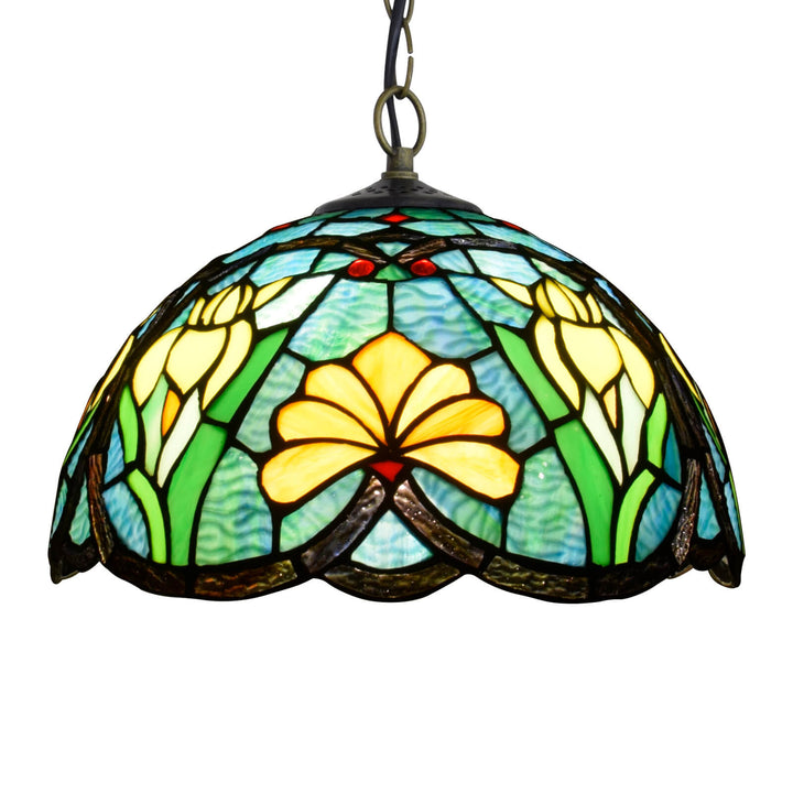 European Vintage Tiffany Flowers Birds Stained Glass 1-Light Pendant Light