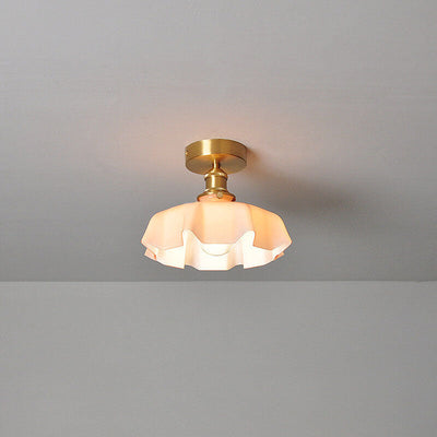 Japanese Vintage Cream Glass Floral Brass 1-Light Semi-Flush Mount Ceiling Light