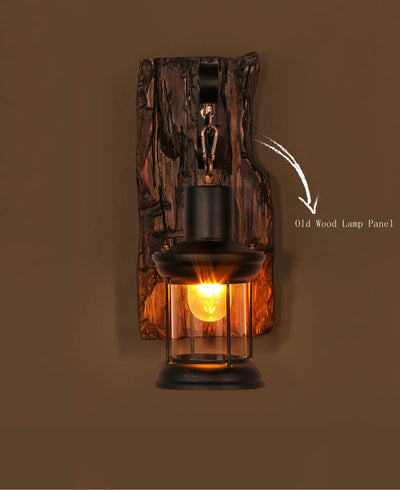 Glass Iron Wooden Base 1-Light Cylinder Sconce Lamp