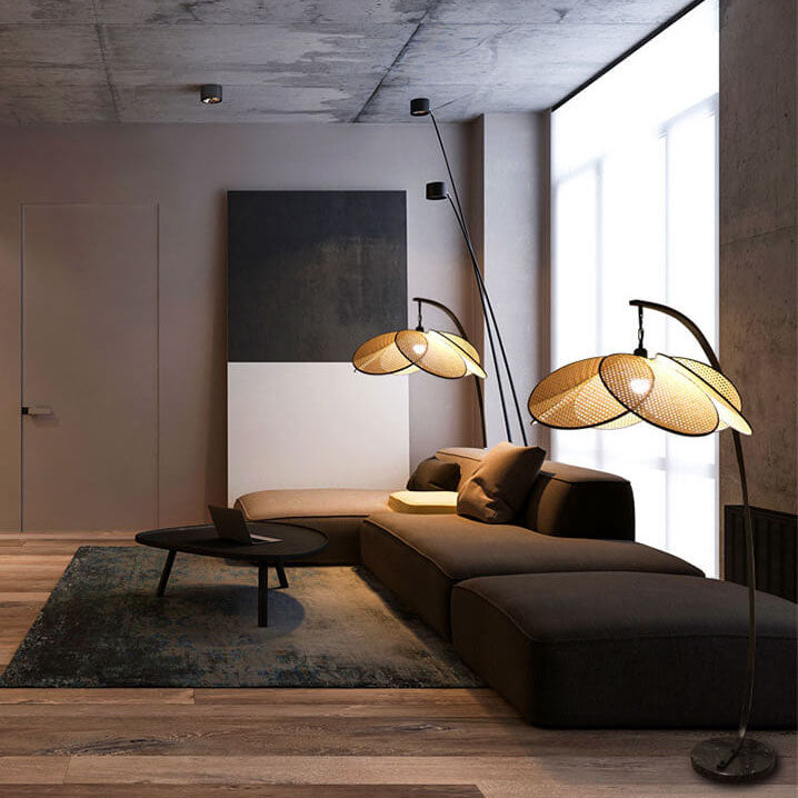 Lámpara de pie tradicional japonesa de ratán con forma de flor de 1 luz para sala de estar 